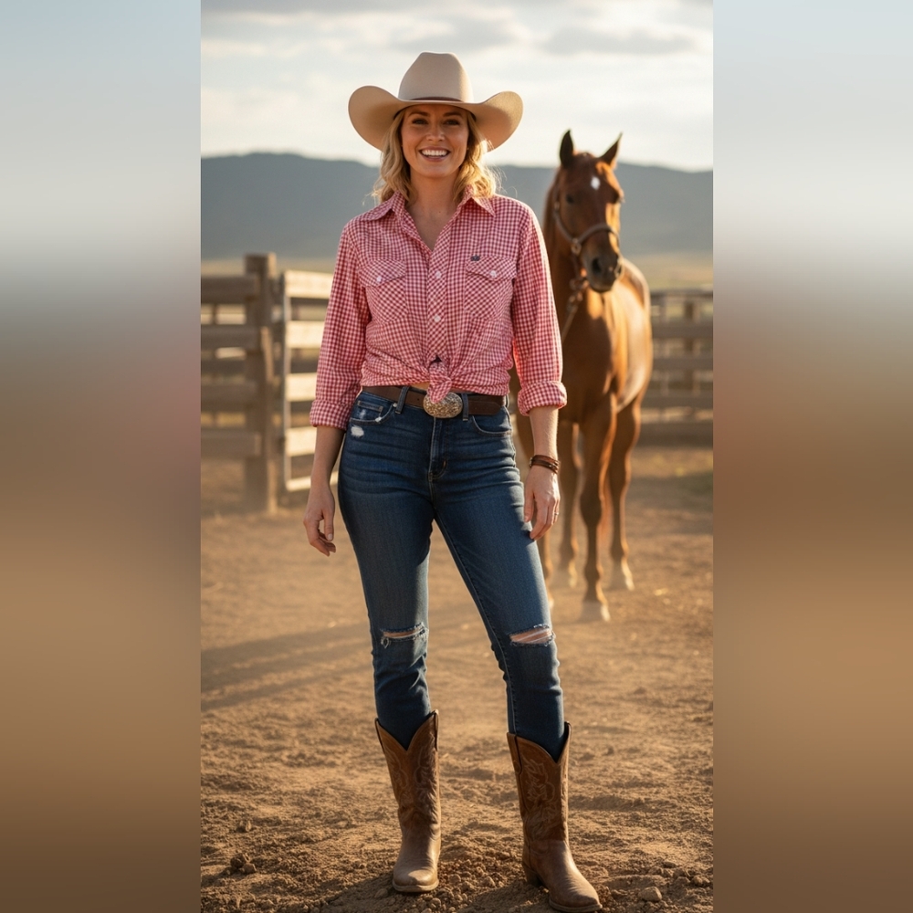 Vintage Cowgirl Lee Red+ White Gingham Button Down Y2K